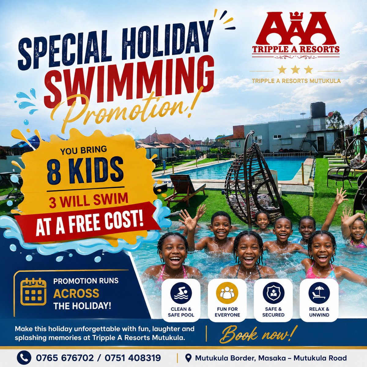 TrippleAResorts's tweet photo. A special Holiday swimming promotion is here. Make this holiday unforgettable for your kids with fun, laughter and splashing memories at Tripple A Resorts Mutukula. You bring 8 Kids, 3 will swill swim at a free cost. Promotion runs across this holiday. Let Kids have fun, book now https://t.co/Ijz7gezEbP