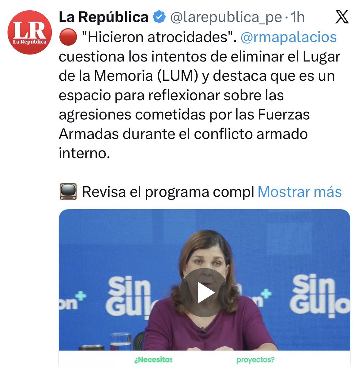 DavidDumet's tweet photo. Ese es justamente el problema del LUM y este tuit lo gráfica en toda su dimensión.
Entienden al LUM como un espacio “para reflexionar sobre las agresiones cometidas por las Fuerzas Armadas”.

Carajo!! Los agresores fueron los terroristas y las víctimas fuimos todos los peruanos, incluidos los miembros de las Fuerzas Armadas.

Reorganización total del LUM, ya!!!