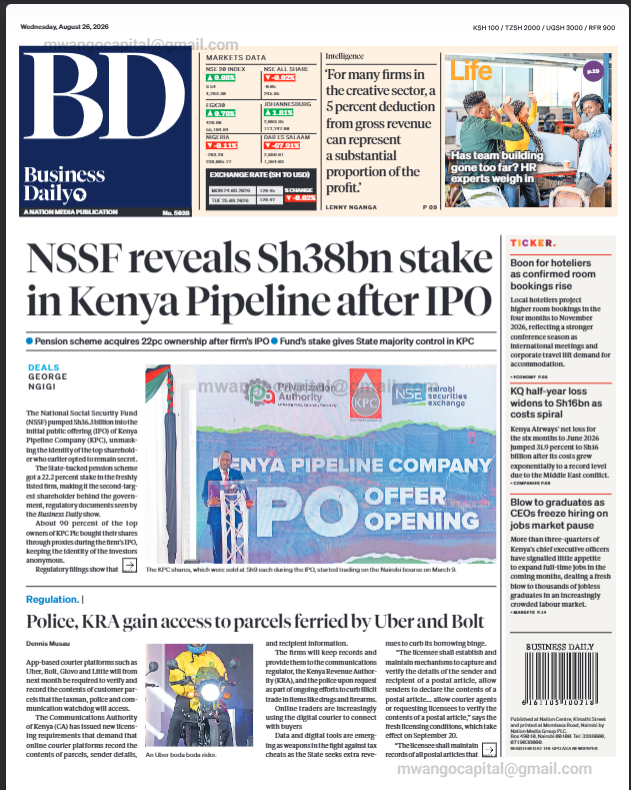MwangoCapital's tweet photo. Business Daily | August 26, 2026

— NSSF has emerged as the second-largest shareholder in Kenya Pipeline after investing KES 36.3B in the IPO for a 22.2% stake, now valued at about KES 38B and helping retain majority State ownership.
— App-based couriers including Uber, Bolt, Glovo and Little will be required to verify and record parcel contents and sender/recipient details, with KRA, police and CA able to access the records under new licensing rules.
— Kenya Airways’ H1 2026 net loss widened to about KES 16B as operating costs rose sharply, with Middle East disruptions adding pressure.
— More than three-quarters of Kenyan CEOs have little appetite to expand full-time employment in the coming months, signalling continued weakness in formal hiring.