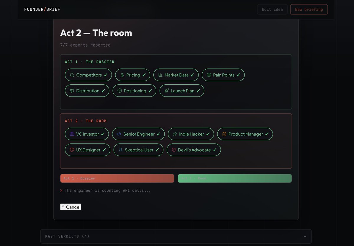 _devleo10's tweet photo. Every project I've built died the same way. Months in, doubt hits, "this probably won't work," and I quietly drop it.

The problem was never the doubt. It was finding out too late.

So I'm building a multi-agent system, 7 AI personas (VC, engineer, indie hacker, PM, UX designer, skeptical user, devil's advocate) that tear your idea apart on day 1, not month 6.

Verdict: ship it, pivot, or kill it.