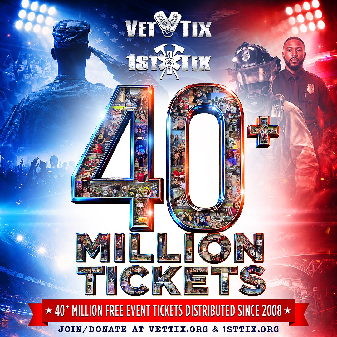 VetTix's tweet photo. 🎉 40 MILLION TICKETS! 🎉

We’re proud to share an incredible milestone: Vet Tix and 1st Tix have officially distributed 40 million free event tickets!

For more than 18 years, we’ve had the privilege of helping service members, veterans, first responders, and their families enjoy concerts, sporting events, and unforgettable experiences together.

To our VetTixers and 1stTixers — thank you for your service and sacrifice.

And to our generous donors and supporters — this milestone wouldn’t be possible without you. Your support has helped create millions of memories for those who serve our country and our communities. #Memorymaker