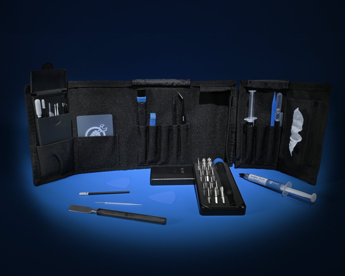 iFixit's tweet photo. It's finally here! Our new Game Console Toolkit is designed to tackle all kinds of repair bosses, from retro consoles to modern-day hardware. Equipped with a 16-bit driver kit, a set of cleaning tools, and a slick case, you'll be more than ready for your next repair adventure.

Press R for repair. Level-up your fixing skills today!
—
#iFixit #RightoRepair #FixTheWorld