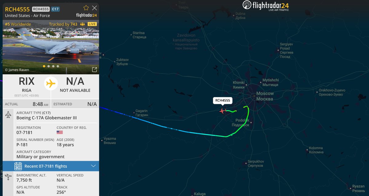 ArmchairAdml's tweet photo. #USAF United States Air Force
CIA Director Visit to Russia
Boeing C-17 Globemaster III 1x
#AE20C2 07-7181 - REACH 4555
The Director of the Central Intelligence Agency John Ratcliffe has now departed Moscow Vnukovo International Airport onboard a U.S. Air Force C-17 as REACH 4555.
REACH 4555 mysteriously arrived in Moscow this morning in what I and a few others suspected to be a support flight related to the Secretary of Defence.
It was actually carrying the CIA Director from Riga, where he had arrived onboard an unmarked C-40 which also arrived on the 23rd of August from Andrews AFB as REACH 790.
The use of the C-17 rather than the C-40 is likely that it was carrying a Roll-On Conference Capsule (ROCC), the successor to the "Silver Bullet", in order to provide the Director with secure communications.
This is the first visit to Russia by a CIA director since 2021, and the first visit of a C-17 in a number of years as well.
On that last visit, former Director of the CIA William Burns warned Russia that the United States knew they planned to invade Ukraine. The history of these visits therefore is not an encouraging sign.
Photos: @JetPhotos @havoc_aviation
@MATA_osint @DefenceGeek @FaytuksNetwork @sentdefender @sentdefender @USAF_VIP_LGX @TheIntelFrog