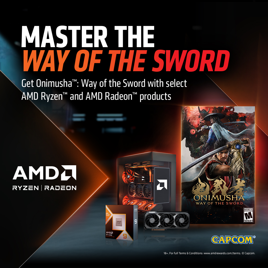 AMDGaming's tweet photo. A legendary samurai. A cursed gauntlet. A city overrun by demons. Drop in with select AMD hardware and get Onimusha™: Way of the Sword. https://t.co/Q2oUuhNzk2