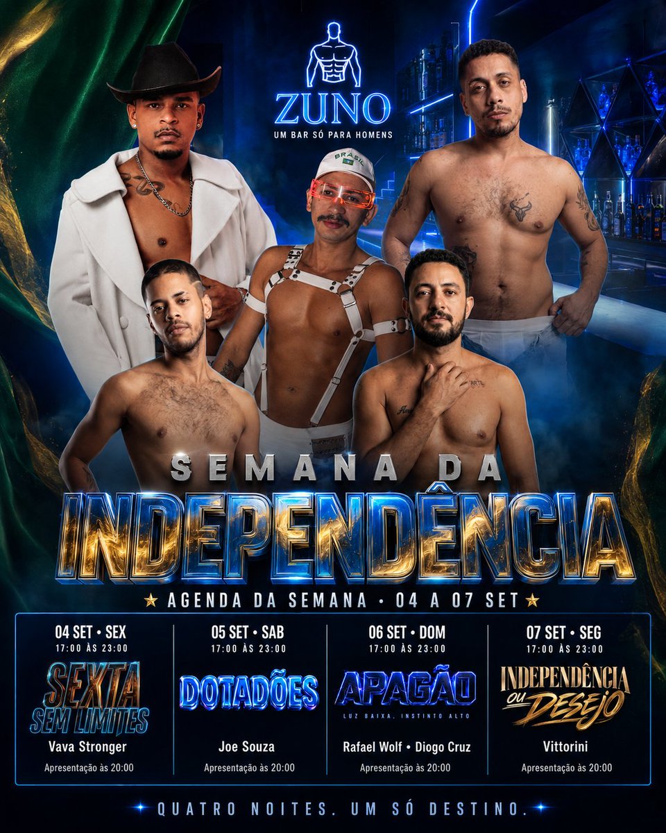zunobar327's tweet photo. Confira a agenda do ZUNO:
04/09 SEXTA SEM LIMITES - @VavaOficiaal
05/09 DOTADÕES - @Paudekavalo
06/09 APAGÃO - @DiogoCrux E @derekw_22
07/09 INDEPENDÊNCIA OU DESEJO - @vittoriniofc_

🎟️ https://t.co/DyHCRiuDtE

#ZUNO #CruisingSP #PegaçaoSP #gaycruising #espacozn #saunagay https://t.co/oLJMoUtqra