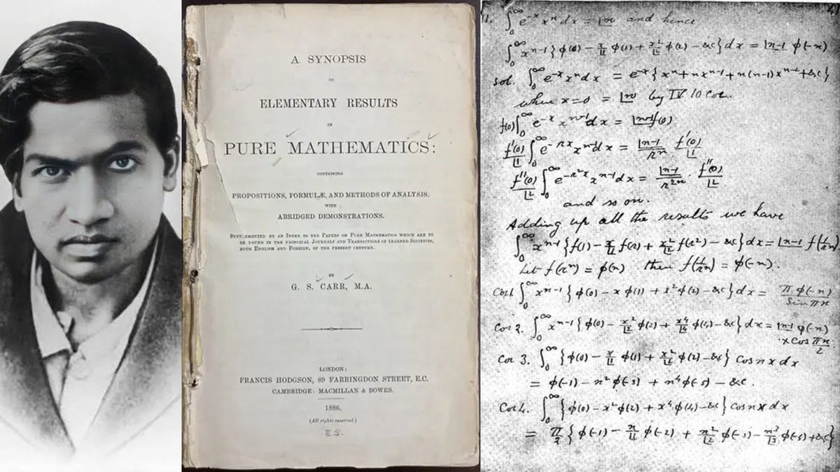 Math_files's tweet photo. When he was 15 years old, he obtained a copy of George Shoobridge Carr’s Synopsis of Elementary Results in Pure and Applied Mathematics, 2 vol. (1880–86). 

This collection of thousands of theorems, many presented with only the briefest of proofs and with no material newer than 1860, aroused his genius. Having verified the results in Carr’s book, Ramanujan went beyond it, developing his own theorems and ideas.