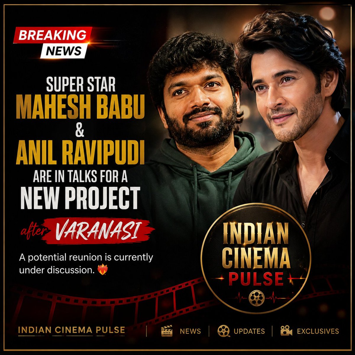 DesiNewsX's tweet photo. 🚨 BREAKING: Superstar #MaheshBabu and director #AnilRavipudi are reportedly in talks for a new project after #Varanasi. 🔥

A potential reunion between the duo is currently under discussion. ❤️‍🔥

#MaheshBabu #AnilRavipudi #Varanasi #SSMB https://t.co/X4jcnD8T4P