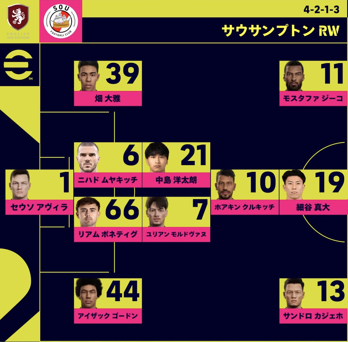 master__league's tweet photo. 🔥4連勝でリーグ5位に浮上！！
サウサンプトン、5位のバーンリーに3-2で勝利し、4連勝！
キャプテンMFユリアン モルドヴァヌのミドルなど炸裂。
リーグ5位に浮上した。

獲得資金：850万円
合計資金：6920万円
リーグ順位：5位

#efootball #イーフト #マスターリーグ https://t.co/nVZKAzfix2