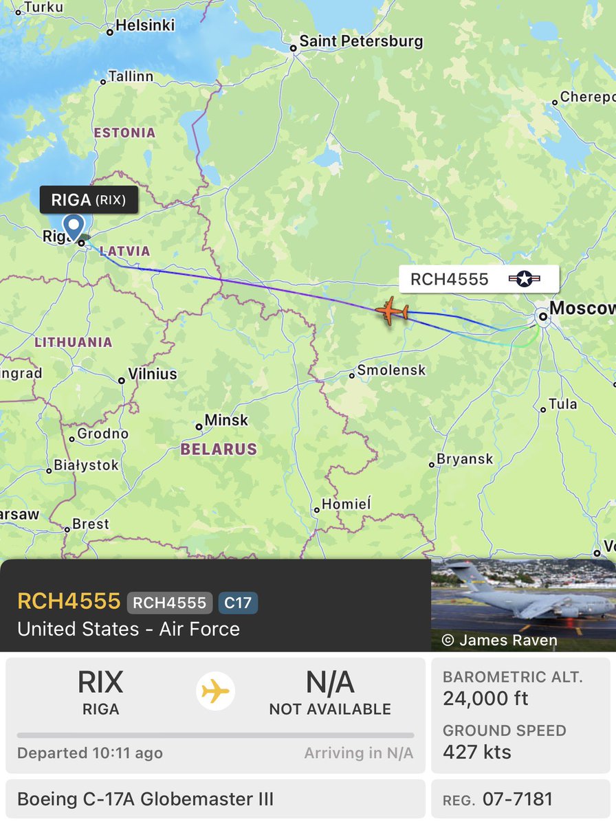 sentdefender's tweet photo. RCH4555, a U.S. Air Force C-17A Globemaster lll which landed in Moscow early today carrying CIA Director John Ratcliffe for a series of high-level meetings with Russian officials, has just departed Moscow bound for Riga, Latvia. https://t.co/9I4AG8dcA9