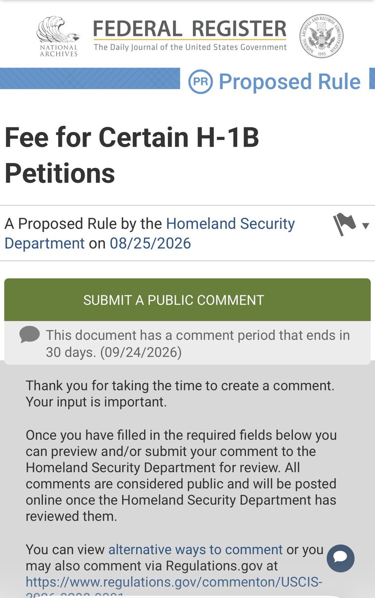 SanDiegoKnight's tweet photo. 🚨 DHS is now taking public comments on its proposed new H-1B fee.

This is your chance to put something on the official record.

If you believe employers should have to seriously recruit Americans before hiring H-1B workers, SAY IT.

If you want stronger audits, better enforcement, real documentation of U.S. applicants, and more accountability, SAY IT.

If you want a higher fee, SAY IT. 

Public comments matter because agencies are required to review and respond to significant issues raised during rulemaking.

Don’t just complain on X.

Put your argument into the federal record.

Comment deadline: September 24.

Docket: USCIS-2026-0298

https://t.co/1bqaYtIfYI