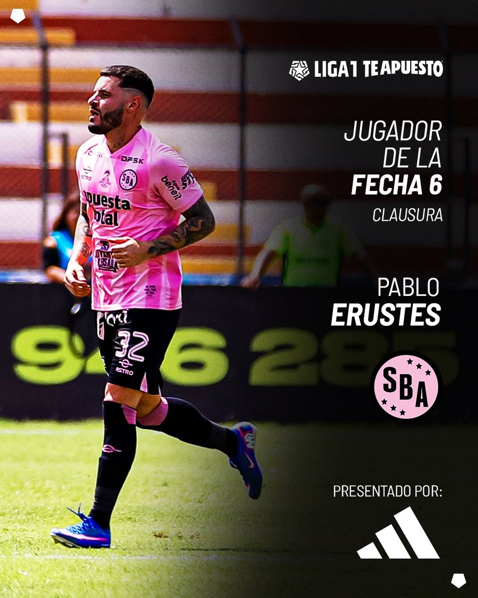 Liga1TeApuesto's tweet photo. ยก๐๐ผ๐น๐ฒ๐ฎ๐ฑ๐ผ๐ฟ ๐ถ๐ป๐ฐ๐ฎ๐ป๐๐ฎ๐ฏ๐น๐ฒ! โฝ๐ฅ
Tras marcar un pรณker en la goleada de Sport Boys, Pablo Erustes se consagra como el Jugador @adidas de la Fecha 6, reconocimiento que destaca al mejor futbolista de la jornada en la #Liga1TeApuesto ๐
#Creadoconadidas
#ElADNdelHincha https://t.co/dI8bdMzUVt