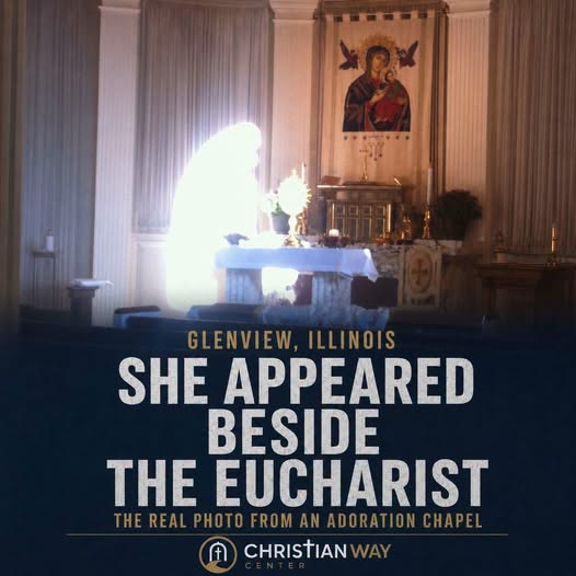 Jsmum46's tweet photo. She only wanted a picture of Jesus in the Eucharist inside an adoration chapel at Our Lady of Perpetual Help church. Something extraordinary appeared beside the altar.
 The Blessed Virgin Mary, silently adoring her Son.
A mother is never far from her Son. https://t.co/mb7RBlBdcd