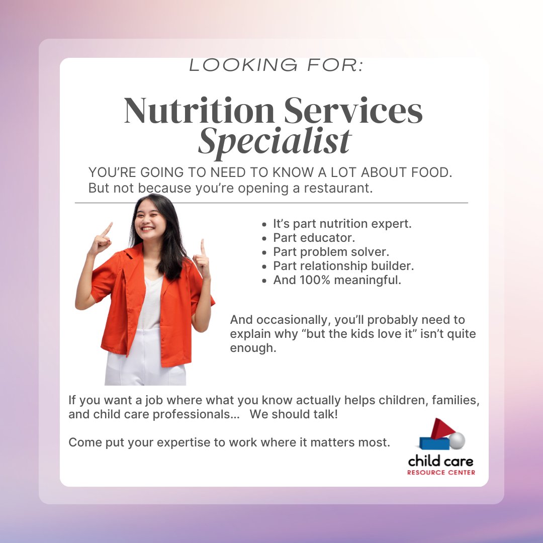ccresourcectr's tweet photo. What if your next job helped change what happens at the table?

Hiring:  https://t.co/kiqFXeld64 

Help child care providers turn nutrition regulations into healthy, practical meals for children - while building relationships, solving problems &amp; making a real impact. https://t.co/0YSewMcfZJ
