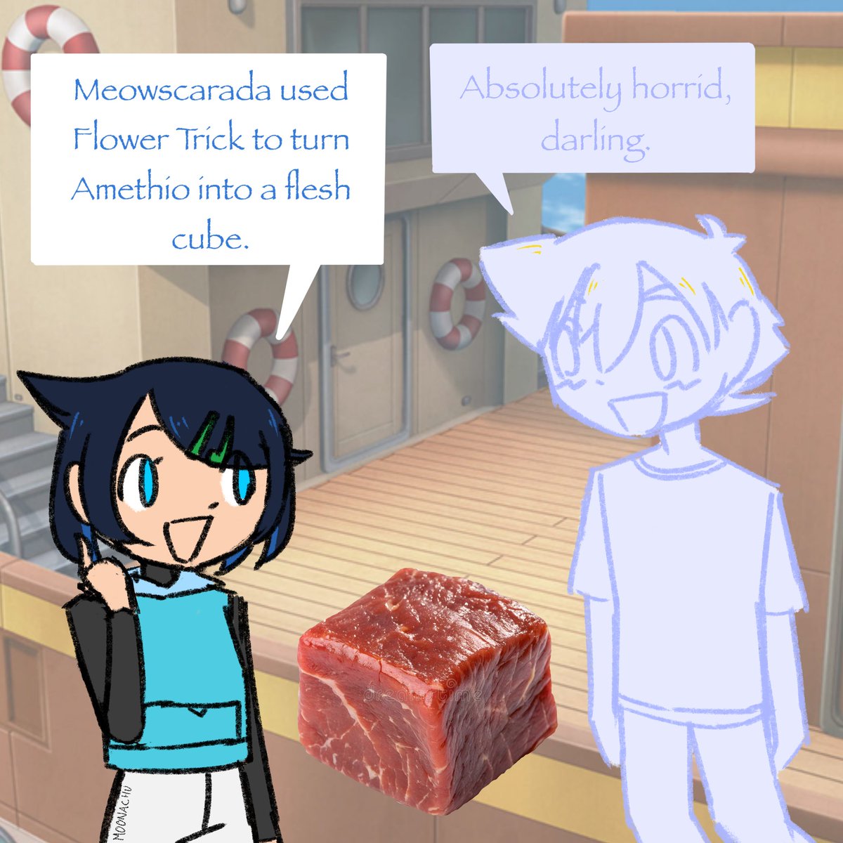Moonachu_Y's tweet photo. Meowscarada used Flower Trick to turn Amethio into a flesh cube!!!!! https://t.co/897VRAHBCb