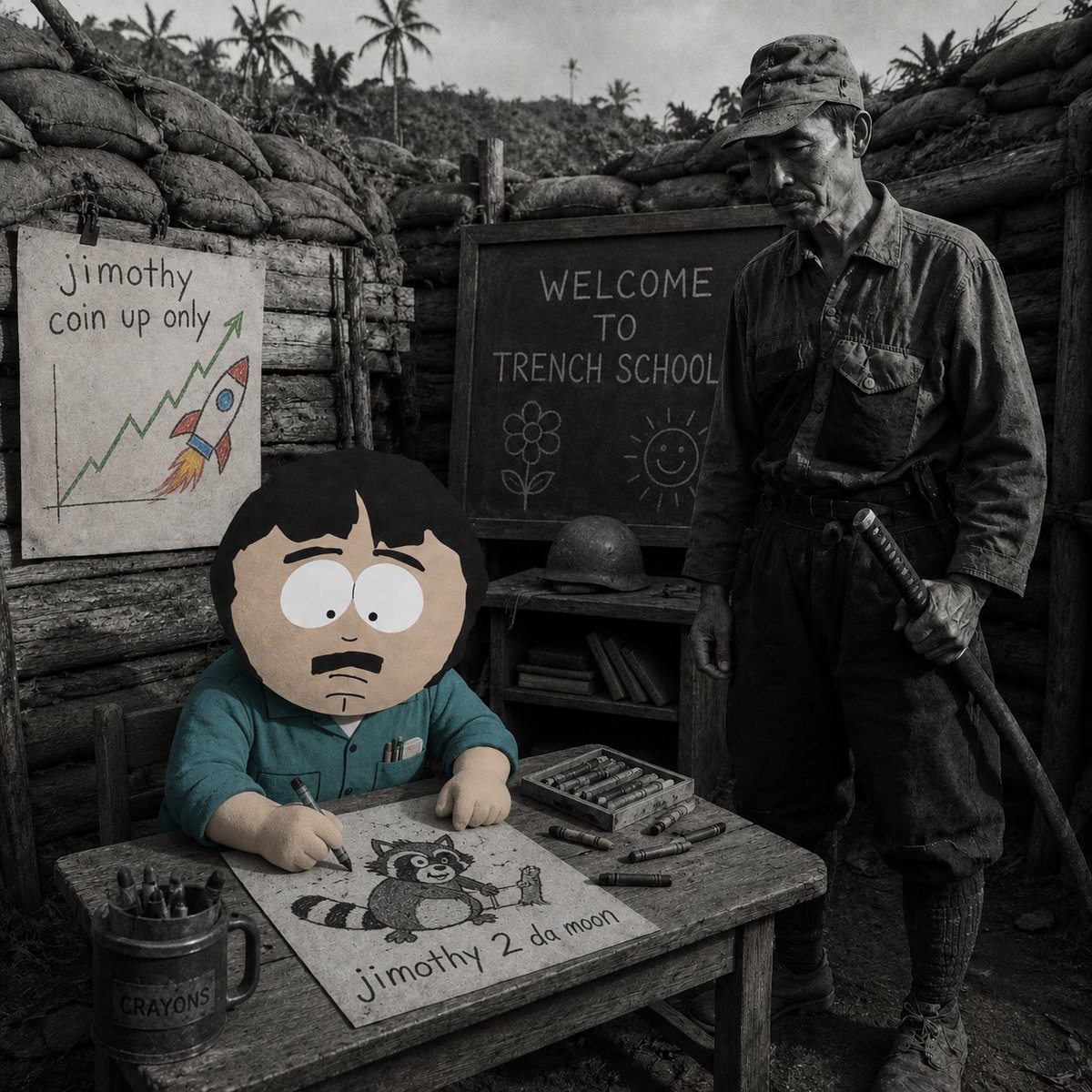 LastTrencher's tweet photo. 私は、「トレンチ（塹壕）」で共に戦うにふさわしい、最も献身的であり、かつ知的には「知的障害」があるとも言えるような人物を探し���めてきた。

彼が選んだプロフィール画像は、愚かで、ある種「知的障害」を抱えた父親役として知られる漫画のキャラクターだ。しかも、その漫画はその「知的障害」という特性に頑ななまでに固執している。これこそまさに、「トレンチ・ウォリアー（塹壕の戦士）」に不可欠な資質である。

ランディは、自身の保有する「ラクーン・コイン（Raccoon coins）」$jimothy の時価総額がいずれ特定のレイヤー1ブロックチェーンや多国籍企業を凌駕すると信じ、それらを長期保管用のコールドストレージに移そうと考えている。実に愚かな考えだが、「トレンチ・ウォリアー」にとっては絶対に必要なことなのだ。

私はランディの中に、見事な「���士道」の精神を感じる。彼の抱える「精神的な問題」が、彼自身や家族を破滅や飢餓に追い込むのではなく、富を――そして望むならば慰安婦をも――もたらすものとなりますように。

- Hiroo Onoda  (The Last Trencher)

https://t.co/oX63rSgtQ3