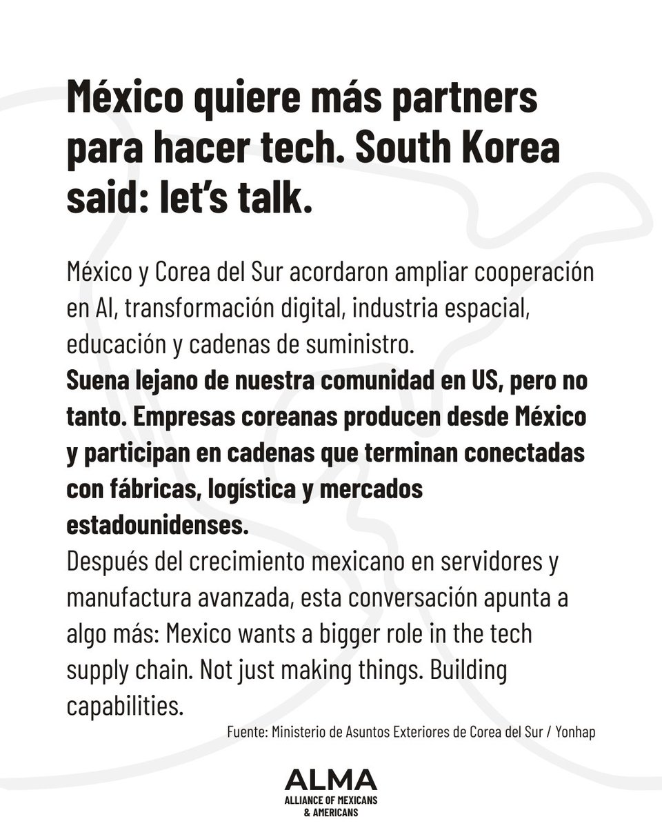 AlmaMexUs's tweet photo. Hoy la #InfoMEXUS trae cultura, memoria, becas y tech. Un buen reminder de que la relación entre México y #EstadosUnidos no pasa por una sola conversación.

La Secretaría de Cultura externó que quiere construir una agenda permanente con artistas y comunidades mexicoamericanas en US. Good, porque si la cultura #MEXUS se está creando aquí, también tiene que ser escuchada aquí.

En #California, la exposición #HelpWantedLeaveNow recupera una parte incómoda de la historia: US se apoyó en trabajadores mexicanos para crecer… y después también impulsó campañas para expulsarlos. Same country, pero different message.

También hay algo más práctico: #BecasAlas sigue abierta para juventudes de origen mexicano en California que ya fueron aceptados en college. Hay apoyos de hasta US$1,500 y el deadline es el 4 de septiembre. If it applies to you, don’t leave money on the table.

Y México abre una nueva conversación con #SouthKorea sobre AI, transformación digital, espacio y cadenas de suministro. Más partners, más capacidades y más posibilidades de que México juegue un papel más grande en la economía tecnológica que también conecta con US.

Dale swipe al carrusel e infórmate con enfoque #MEXUS

#ALMA #ALMAMexUS #InfoMEXUS
