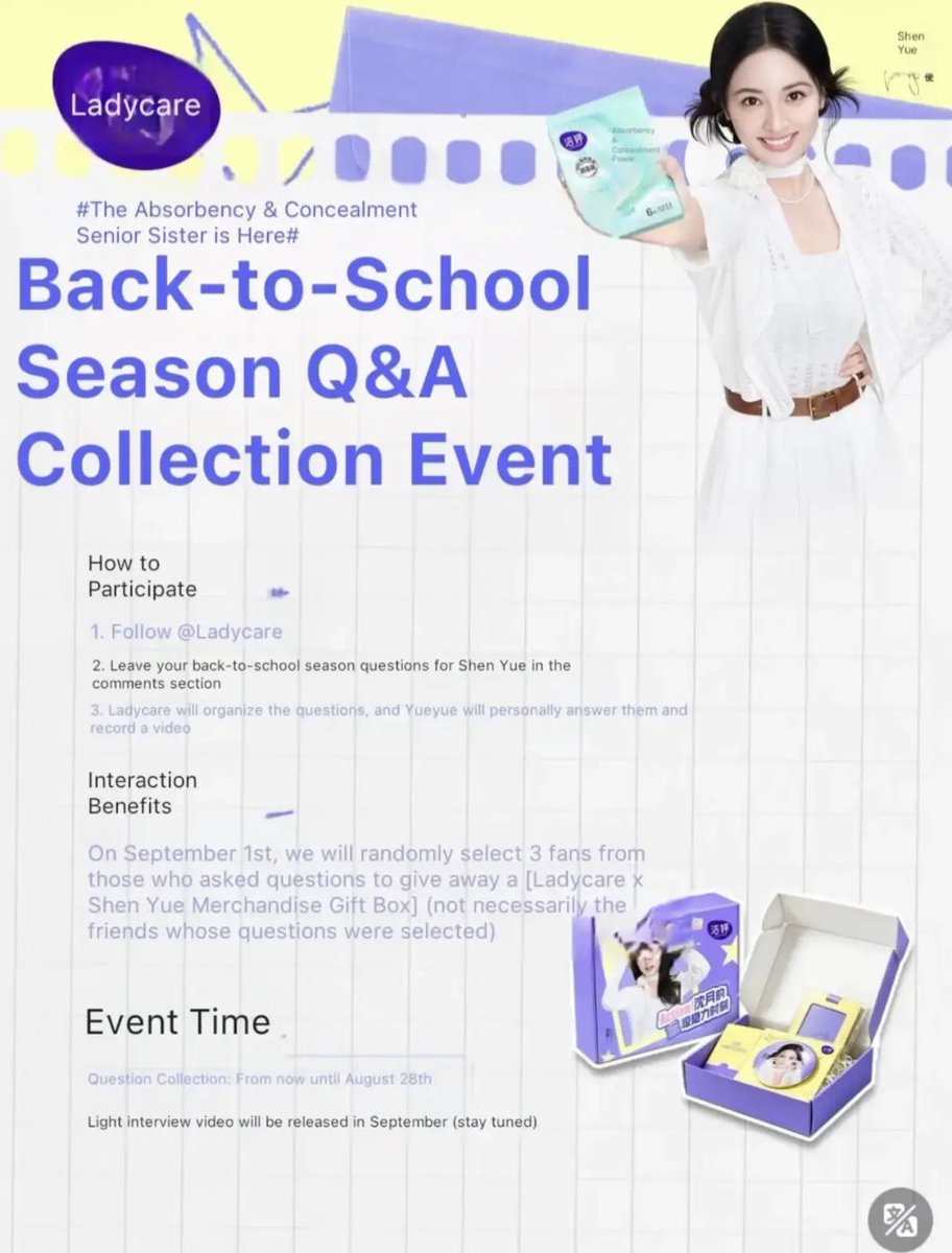 yuearchivebr's tweet photo. #ShenYue x Ladycare Back-to-School Event! 

🏫💬 Ask your campus questions in the comments by Aug 28. Yueyue will answer the best ones in a video this Sept! 3 lucky fans will also win a merch box + sanitary pad gift pack on Sept 1st! 🛍️✨

#shenyue #Ladycare https://t.co/3XAeylP67V