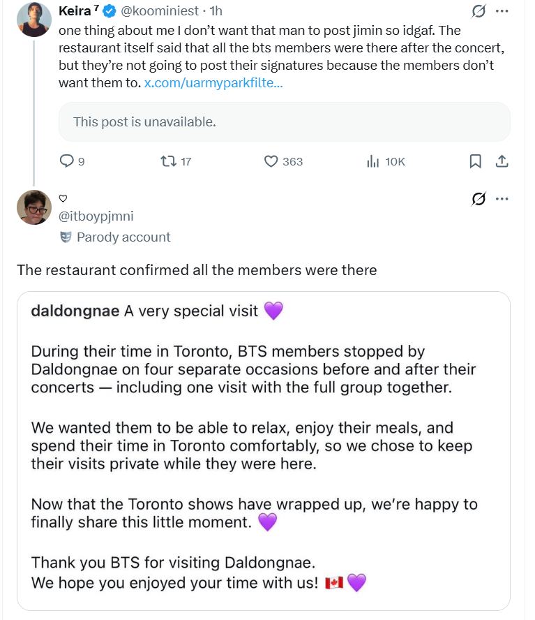 Luna7Arts's tweet photo. @tichivi They are confusing restaurants or intentionally spreading misinformation. Tae shared photos from Hwaro, not Daldongnae. https://t.co/VbWoZ7OVQc