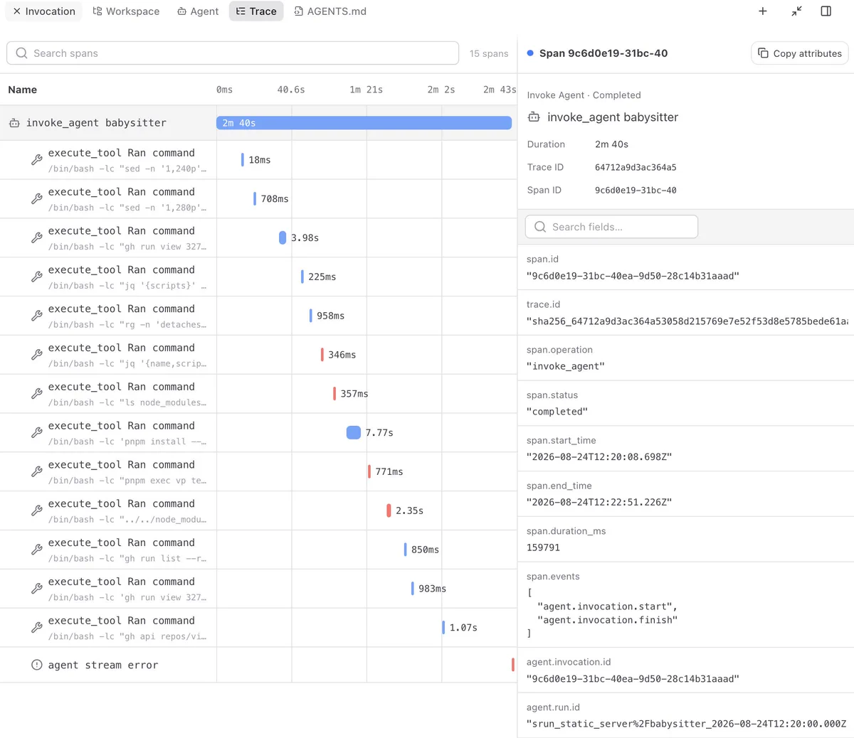 Screenshot of the ViteHub Trace view showing a 2 minute 40 second agent invocation, individual tool spans, durations, status, and trace attributes.