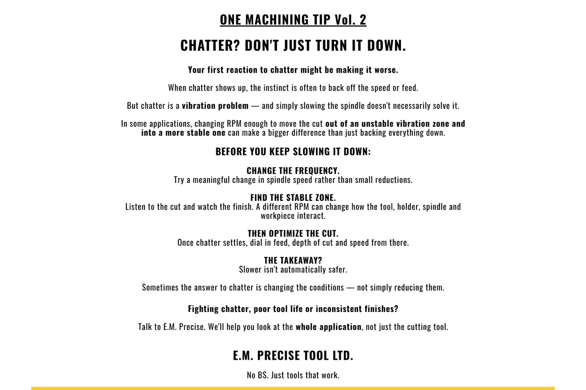 EMPrecise's tweet photo. CHATTER? DON’T JUST TURN IT DOWN.
Change the frequency. Find the stable zone. Optimize the cut.
(905) 664-2644
https://t.co/KGE9MvKYG9
https://t.co/BqUGjdU1vN
#OneMachiningTip #OneMachiningTipVol2 #CNCMachining #Machinist #EMPT #EMPrecise #EMPreciseTool https://t.co/yBoXVm3u9u