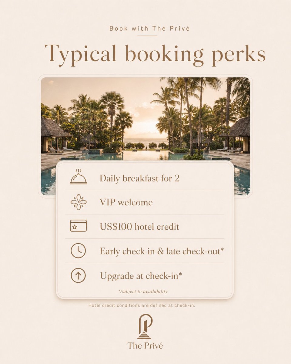 ThePriveIn's tweet photo. If you’re doing a few nights in Nusa Dua, Sofitel Bali is worth a look. 🌴

Beachfront, big resort, lagoon pools, and a nice option if you want to slow things down for a couple of days.

Book through The Privé and you get perks like:
✨ 3rd night free on this Accor Preferred rate.
✨ Breakfast for 2
✨ VIP welcome
✨ US$100 property credit
✨ Early check-in / late check-out*
✨ Room upgrade*

Planning Bali?
Visit https://t.co/f6FqYAVbVD or WhatsApp us. 

#BaliHotels #NusaDua #SofitelBali #LuxuryTravel #ThePrive