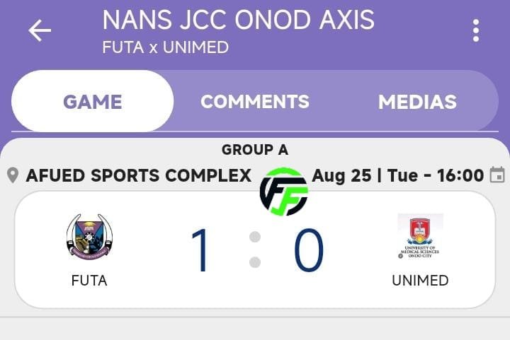 futafabrizio's tweet photo. 🔥 NANS JCC ONDO AXIS SPORTS FESTIVAL 🔥

FIRST HALF 

⚽ FUTA TIGERS 1️⃣-0️⃣ UNIMED
Ayomide (10') https://t.co/u6U5yEvgR9