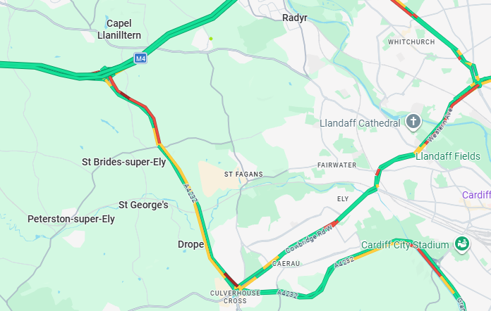 TrafficWalesS's tweet photo. Congestion ⚠️
📍 #A4232 Capel Llanilltern - Culverhouse Cross, Southbound
Due to a football event in Cardiff.
Delays in the area. Allow additional time for your journey. https://t.co/30cyFoHSoo