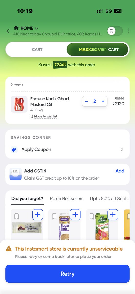 iManishCA's tweet photo. @Swiggy @SwiggyCares why instamart store pincode 110097 new delhi is not serviceable from last many hours https://t.co/BwWF475GCj