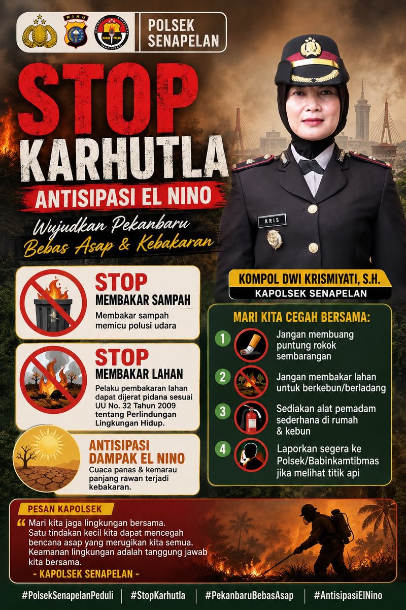 HSenapelan's tweet photo. "Stop Karhutla Antisipasi El Nino
Wujudkan Pekanbaru
Bebas Asap Dan Kebakaran"

@polriperubahan
@divisihumaspolri
@herryheryawan
@hengki.haryadi
@kapolresta_pekanbaru
@dwikris.my
@ditreskrimum_polda_riau
@ditbinmaspoldariau
@humaspoldariau
@rekrutmenpoldariau https://t.co/yzDKj5GERK
