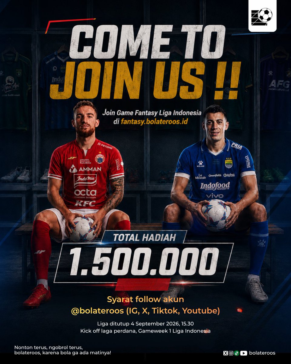 bolateroos's tweet photo. Join game Fantasy Liga Indonesia di https://t.co/21VVee5sId 
Raih hadiah di akhir musim:

🥇 : 1.000.000
🥈 :     200.000
🥉 :      150.000
#4 :      100.000
#5:         50.000

Syarat: follow akun @bolateroos (IG, X, Youtube) dan mention temanmu minimal 3 orang di komentar https://t.co/t7U39mrjoj