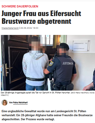 Taykra's tweet photo. St. Pölten (Ö): Unglaubliche Gewalttat: 
Afghane (28) schneidet Freundin Brustwarze ab!
Erst mit einem Taschenmesser, da es aber zu stumpf war, holte er ein Messer aus der Küche. „Ich wollte etwas tun, damit sie Angst bekommt.“ https://t.co/jNeV014a99 https://t.co/xVZQWGrwbO