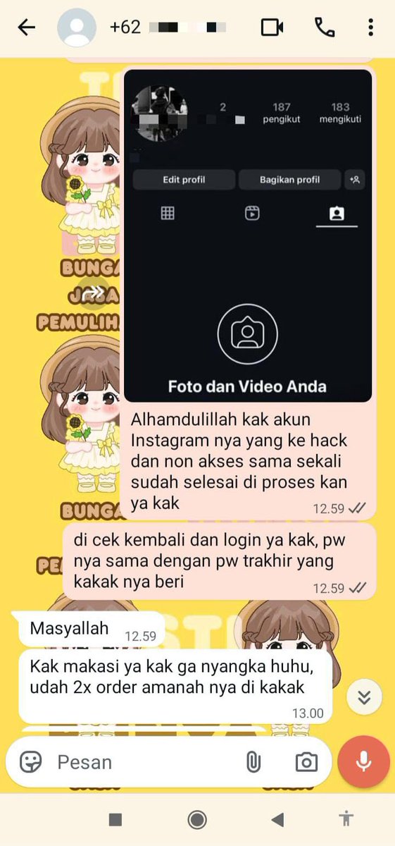 baaafby's tweet photo. JASA PEMULIHAN AKUN/DELETE AKUN, PROSES FAST &amp; BERGARANSI 

KENDALA : 
🌻PULIHKAN CHT WA LAMA
🌻JASA SADAP WA/IG
 LUPA PASWORD &amp; LUPA DATA2
🌻JASA HAPUS AKUN ALL SOSMED
🌻JASA PEMULIHAN AKUN   GOGGLE,GMAIL,INSTAGRAM,TWITER, FB,TIKTOK,DLL #zonauang #zonajajan

 -->thx wa di bio.. https://t.co/D5ZLgzUTLn