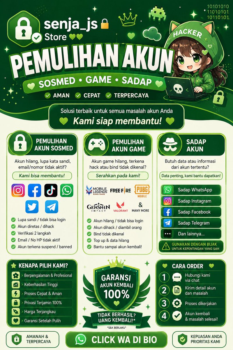 weucsi's tweet photo. JASA PEMULIHAN AKUN/DELETE AKUN, PROSES FAST &amp; BERGARANSI

KENDALA : 
🔓PULIHKAN CHT WA LAMA
🔓JASA SADAP WA/IG
🔓LUPA PASWORD &amp; LUPA DATA2
🔓JASA HAPUS AKUN ALL SOSMED
🔓JASA PEMULIHAN AKUN
GOGGLE ,GMAIL,INSTAGRAM,TWITER, FB,TIKTOK #zonauang #zonajajan

Order whatsaap di bio☎️ https://t.co/gK1sf47mc7