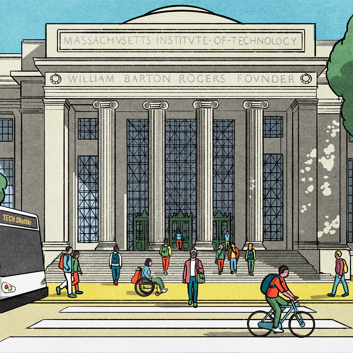 a colorful illustration of the intersection in front of 77 Mass Ave, in front of the William Barton Rogers building at MIT.