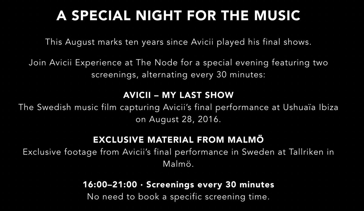 TheEDMNetwork's tweet photo. On August 28, fans will gather in Stockholm to honor @Avicii, exactly 10 years after his final show at Ushuaïa Ibiza ❤️

The event will feature Avicii – My Last Show and exclusive footage from his final performance in Sweden 🇸🇪 https://t.co/ZL89eLgOFY