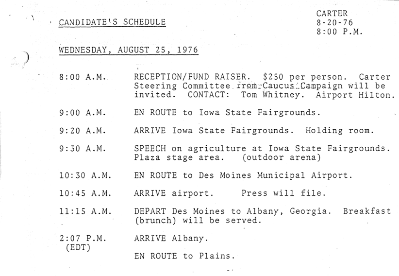 CarterLibrary's tweet photo. “Our people respect the American farmer. The family farm has preserved...honesty, dependability, hard work &amp; faith—which we need to rediscover as a nation,” Carter said at the Iowa State Fair on 8/25/76. #Carter50

Img from the Des Moines Register, schedule from our collection. https://t.co/SDaQbSnHi2