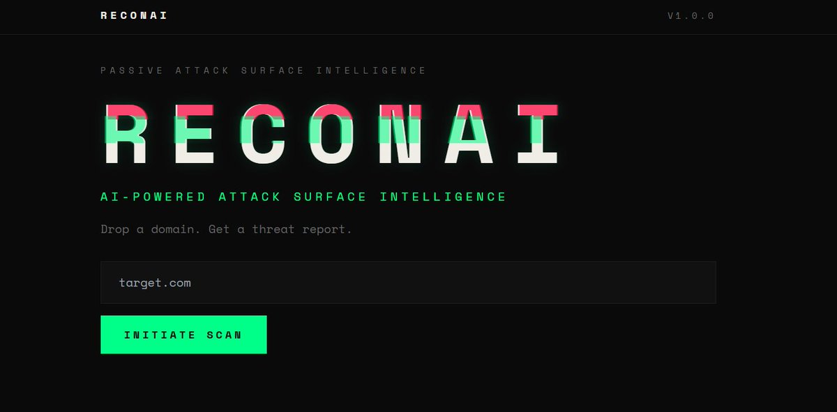 IfzenNotFound's tweet photo. Just shipped ReconAI 🔍⚡

AI-powered recon &amp; attack surface mapping with passive recon, GPT-4o enrichment &amp; structured threat intel reports.

Built with FastAPI, React, Vite &amp; Tailwind.

🔗 https://t.co/qQDDWlzEyC
💻 https://t.co/84GQ75het6 https://t.co/UDFIngnGoc