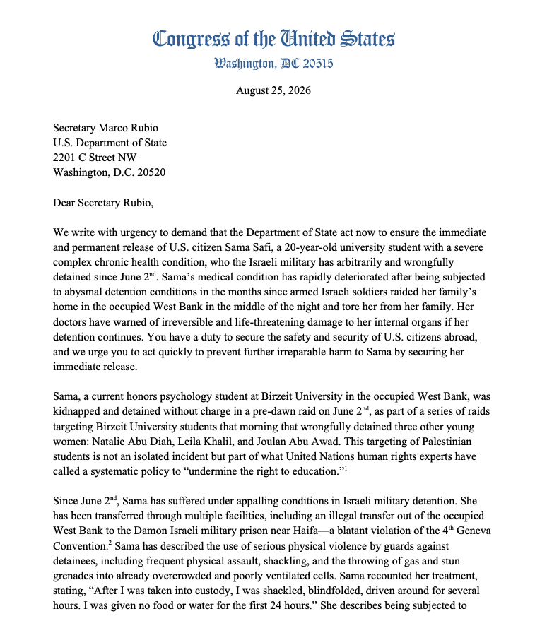prem_thakker's tweet photo. New: Rashida Tlaib leads 40 members of Congress, including 6 senators, in demanding Marco Rubio free 20-year-old American Sama Safi from Israeli detention.

Doctors warn that Israel's detention is putting Sama at risk of "progressive tissue injury &amp; irreversible organ damage." https://t.co/aahbNPyGAr