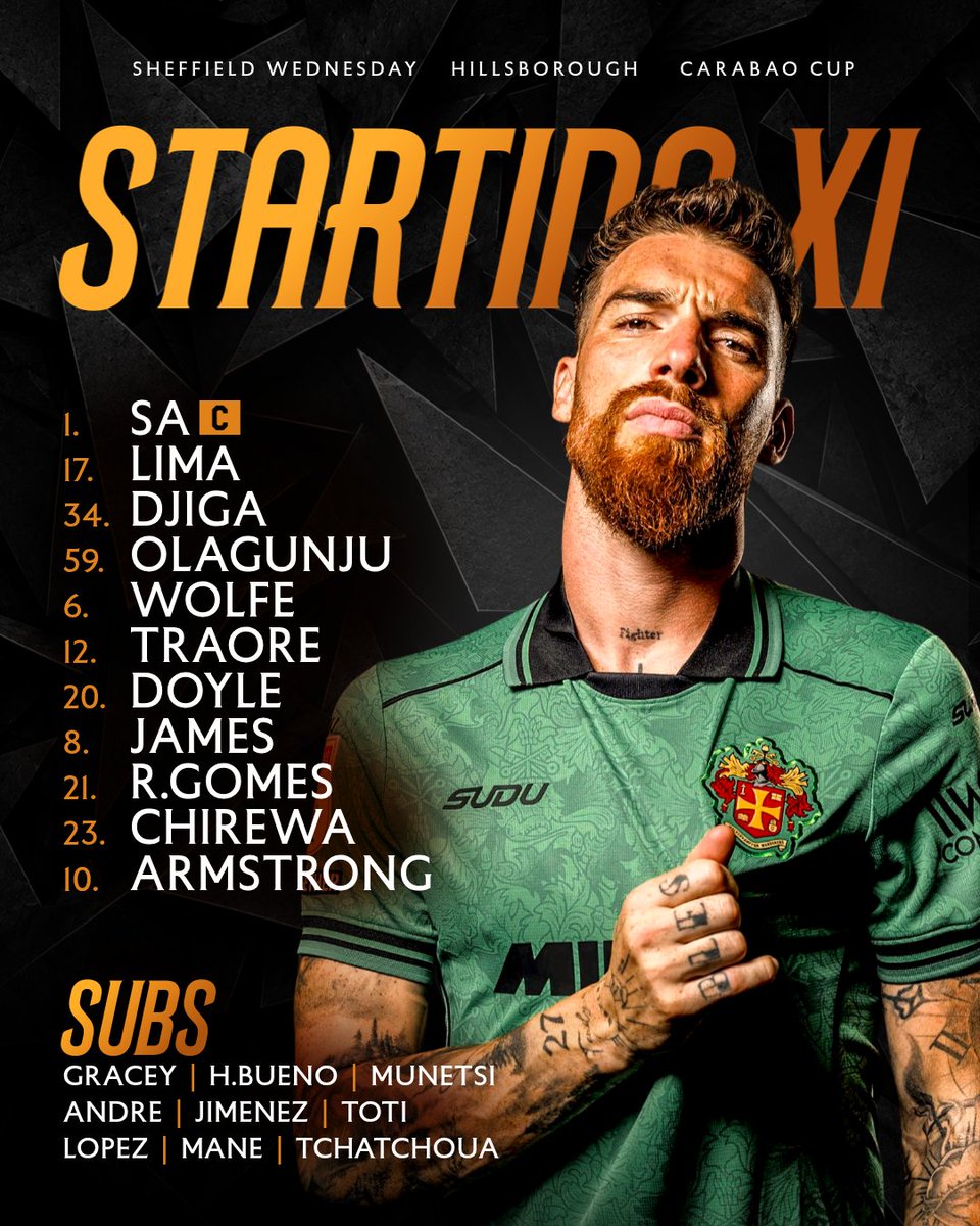 Wolves's tweet photo. 🔁 Eight changes from Preston
🆕 James' first start
🎓 Olagunju's senior debut

Our line up for tonight's @Carabao_Cup tie 📋 https://t.co/i6zgZAJTJZ