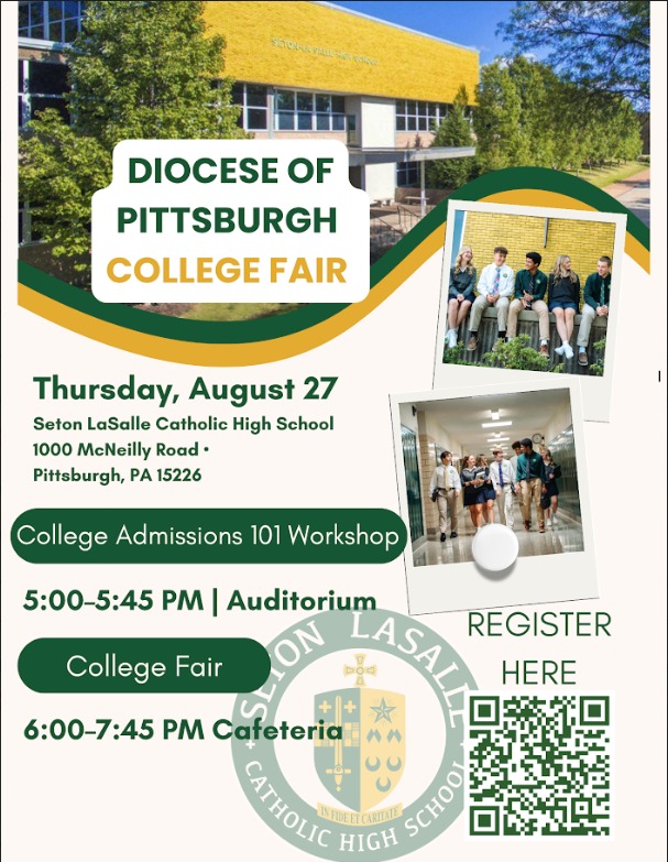 SetonLaSalle's tweet photo. Join us this Thursday at Seton LaSalle for the Diocese of Pittsburgh College Fair! Meet admissions representatives from across the country and sign up for the breakout session covering College Admissions 101. Click here to register: https://t.co/DGUly5OyF5 https://t.co/dAJi2yJSmh