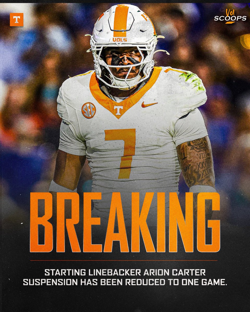 VolScoops's tweet photo. BREAKING: Tennessee starting linebacker Arion Carter has had his suspension reduced to one game, per Austin Price VolQuest 🍊

This means Carter will now be available for the Georgia Tech game in week 2

Still one game too many in my opinion, but this is HUGE news🔥 https://t.co/qS5Fa3cvAb
