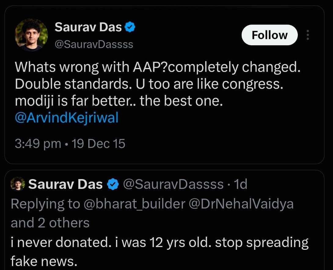 KabirLens's tweet photo. He was 12 in 2014, and by 13 he was already raging against the Aam Aadmi Party while singing praises of Narendra Modi. 😂
 
You can't defeat with facts so call everyone idiot but you are the real idiot and everyone knows your intention you want anarchy in country @SauravDassss https://t.co/psBc5CbN6J