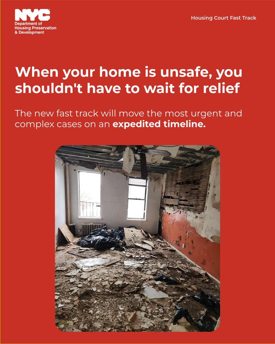 NYCHousing's tweet photo. When your home is unsafe, you shouldn’t have to wait months — or years — for relief. 🏠⚖️

We are launching a new Housing Court Fast Track to move urgent cases involving vacate orders, hazardous conditions, elevator outages, and more through court faster. https://t.co/3xUpmSyhI0