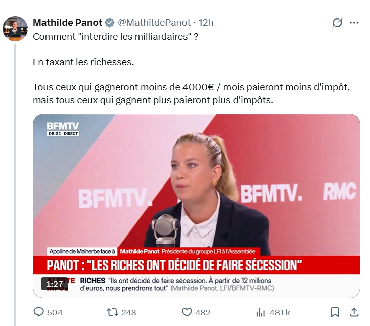 Ivan_le_T's tweet photo. @de_chardin Parlez en à Mathilde : c'est elle qui fait le lien entre "comment interdire les milliardaires" (si elle l'a bien écrit, c'est pas une blague) et ceux qui gagnent + de 4000€, d'où mon tweet. 
Vous avez raison , c'est vraiment n'importe quoi, mais c'est Mathilde… https://t.co/WDkWzmsWhh