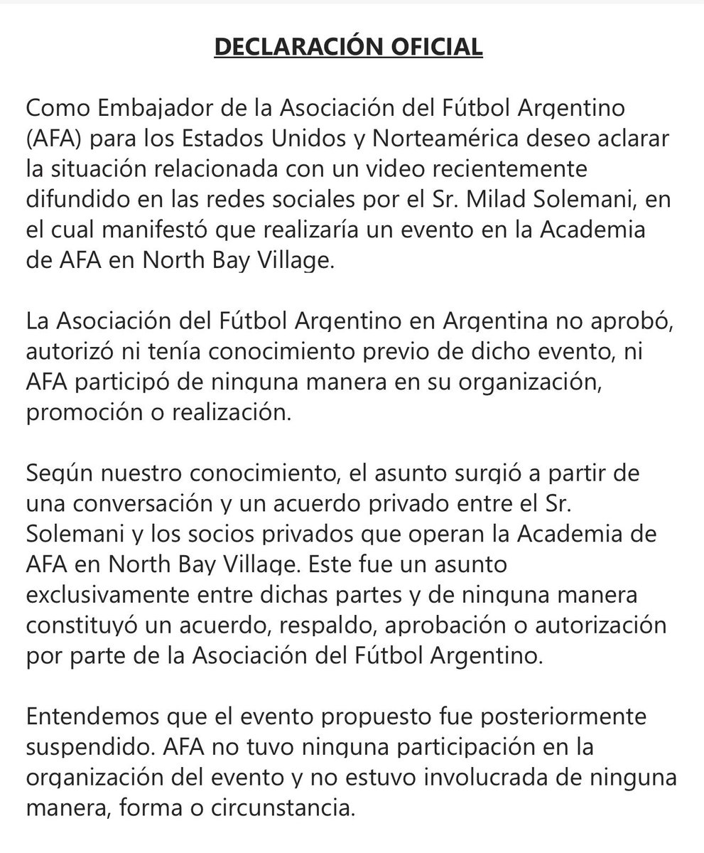 tomasnregalado's tweet photo. Declaración oficial de parte del embajador de la AFA para Estados Unidos y Norteamérica
@afa https://t.co/x98CyaMXFB