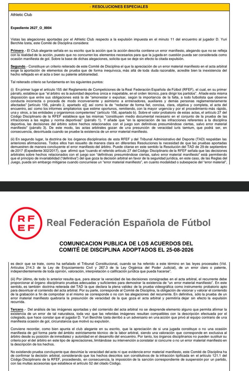 DiiegoCobo's tweet photo. 🚨❌ SURREALISMO ARBITRAL EN LALIGA.

El CTA publica esta tarde un vídeo confirmando que la expulsión de Yuri fue un error basándose en el reglamento.

El mismo día, el Comité de Disciplina comunica que no acepta las alegaciones del Athletic:

“No existiendo prueba concluyente que desvirtúe la veracidad del acta ni que evidencie error material manifiesto, este Comité de Disciplina ha de confirmar la decisión arbitral”.

Esto es una broma de mal gusto.