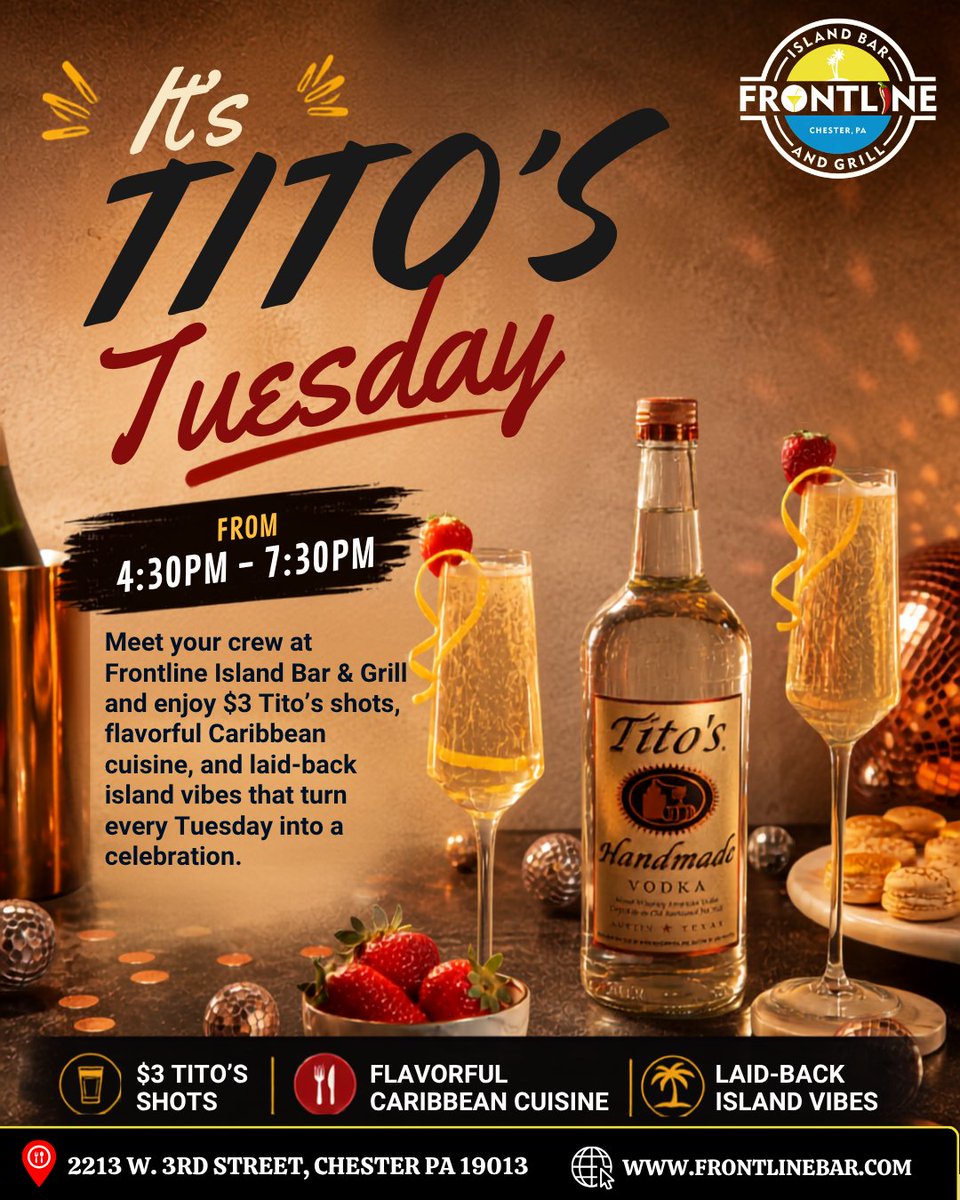 FrontlineBar's tweet photo. Tuesday plans? We’ve got you covered.

Come by Frontline Island Bar &amp; Grill from 4:30 PM – 7:30 PM for $3 Tito’s shots, Caribbean food, and a laid-back island atmosphere.
🌐 https://t.co/wDcHMpRvhS

#TitosTuesday #HappyHour #ChesterPA #ChesterPAEats #DelawareCountyPA #IslandVibes https://t.co/eay0OjpuWf
