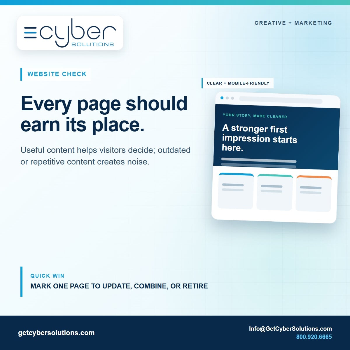 CyberSolutionsX's tweet photo. More website pages don’t automatically mean a better website.

Look at pages that repeat information, promote services you no longer offer, or answer questions folks no longer ask. 

Choose one page for a purposeful update.

📞 800.920.6665

#Content #SEO #AEO #WebSite https://t.co/j7YqKj1gnh