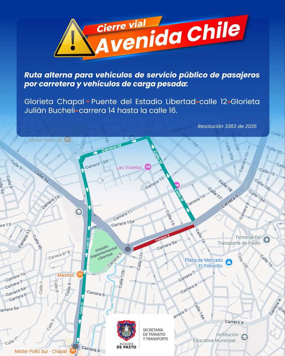 PastoTransito's tweet photo. 🚧 Las obras en la Avenida Chile generan cambios temporales en la circulación.

Invitamos a la ciudadanía a planear sus recorridos, respetar la señalización y hacer uso adecuado de las vías alternas. https://t.co/SJew8W1GUZ