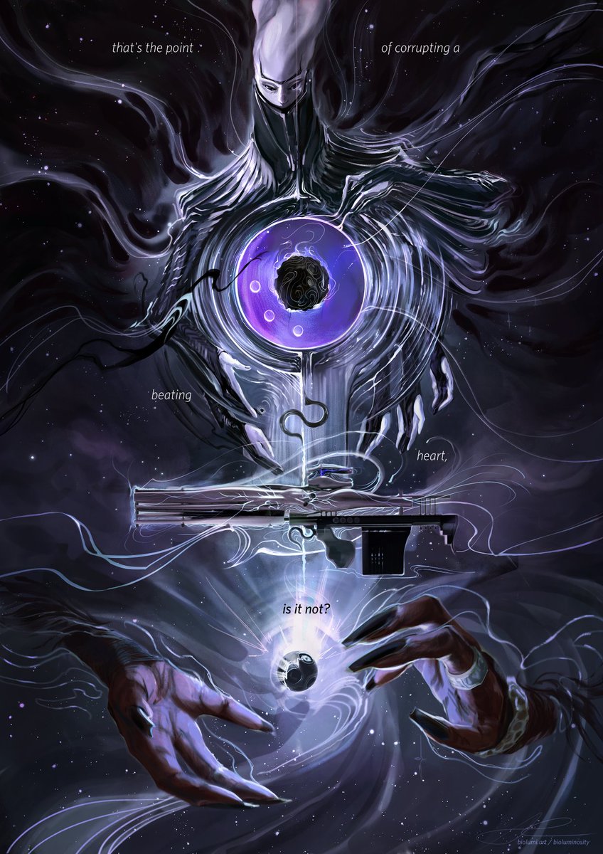 bioluminosity's tweet photo. "But filling you with the right kind of ideological purpose, the kind that serves the finality of shape—well,  

that's the point of corrupting a beating heart, is it not?"

#IshtarIllustratedvol2 #Destiny2Art https://t.co/jEDOjvHvRT